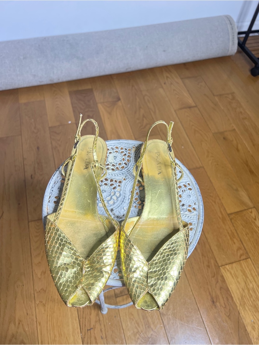 Prada Gold Metallic Snakeskin Slingback Sandals - Picture 2 of 8